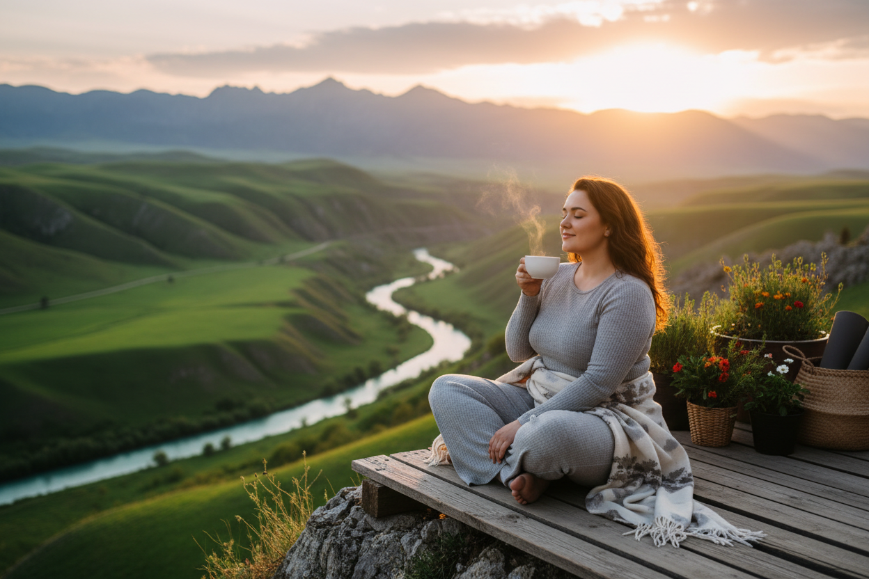 beautiful scenery enjoyed by a curvy women sipping health tea