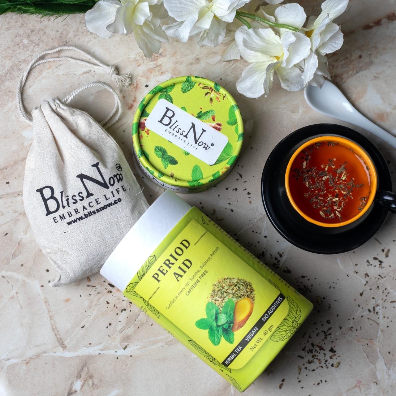 Blissnow PeriodAid_ healthy lifestyle, detox tea, infusion, clear skin, detox bosy, morning freshness, wellness , weight loss , loose leaf tea